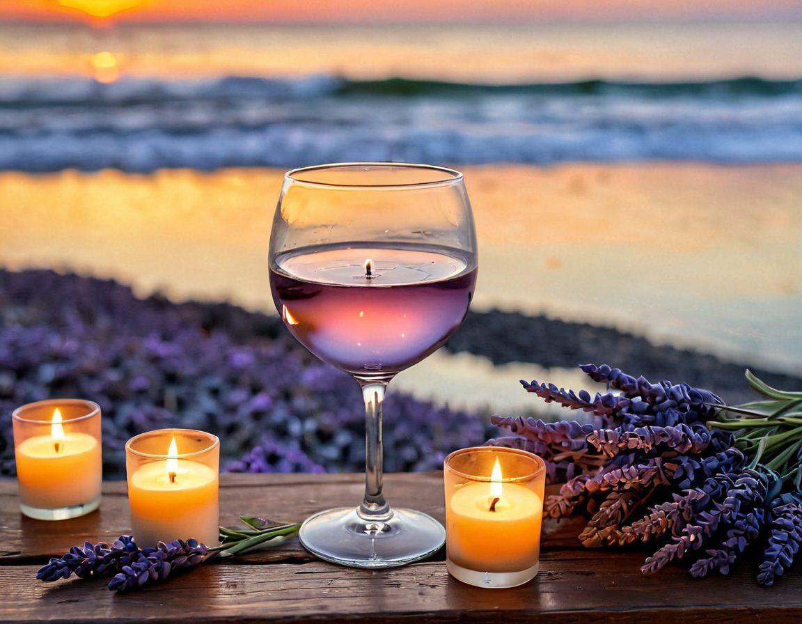 A tranquil scene of a cozy wine glass resting on a wooden table, surrounded by calming elements like lavender and soft candles. Include a serene sunset background with gentle waves lapping at a shore, invoking a sense of peace and relaxation. The focus should be on the wine glass reflecting warm tones of the sunset, suggesting comfort and coping. soft focus. vibrant colors. serene atmosphere.