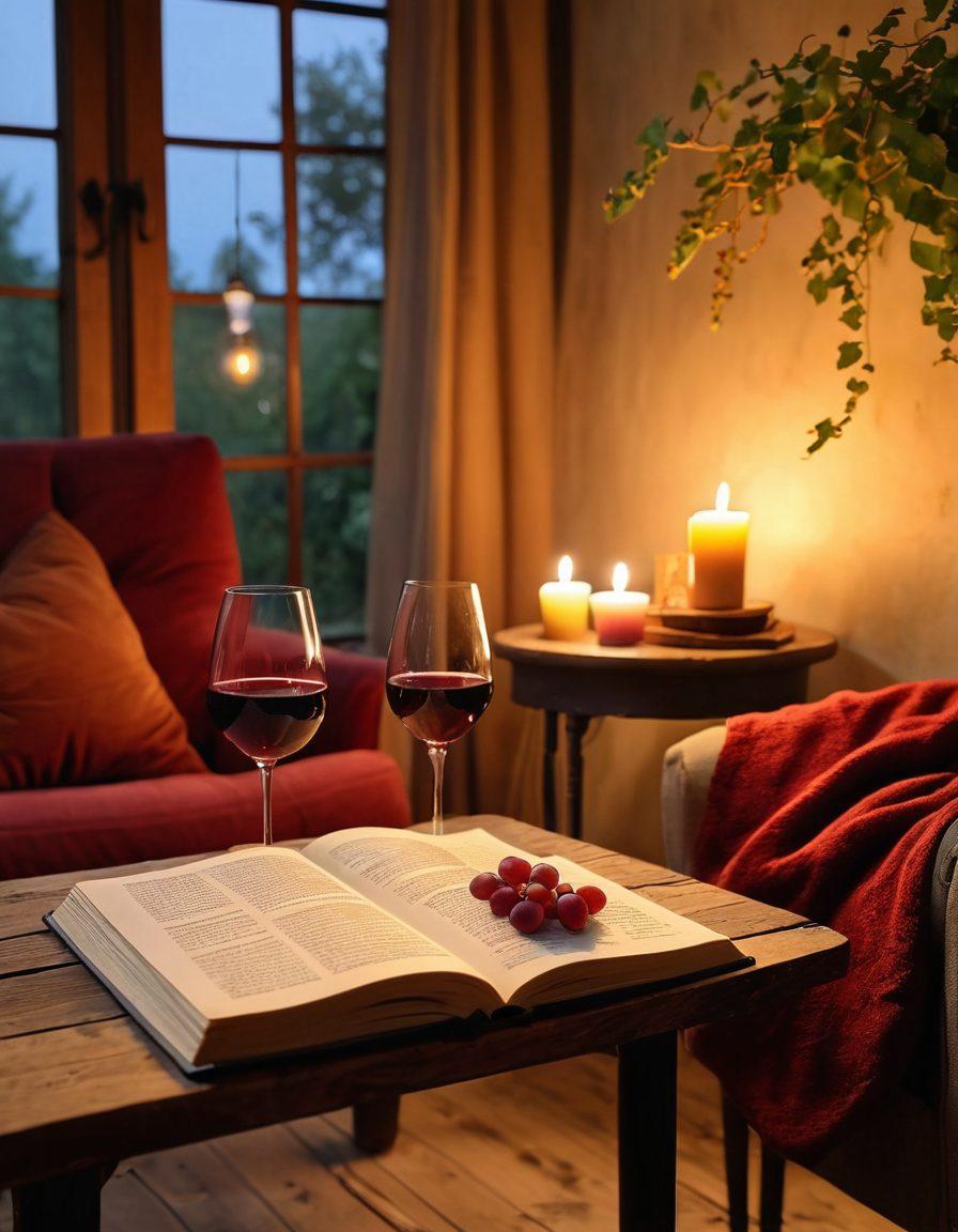 A serene setting featuring a cozy wine glass on a rustic wooden table, with soft candlelight reflecting off the glass. In the background, a person relaxing in a plush armchair, holding a book and looking content. Subtle vines and grapes framing the scene, with an aura of calmness and warmth suggesting relief from anxiety. Include soothing colors like deep reds and soft yellows. super-realistic. warm tones. inviting atmosphere.