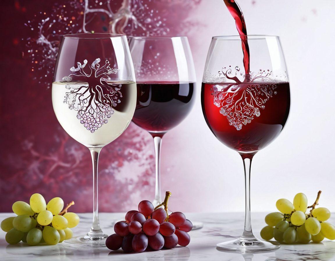 A split image featuring a glass of deep red wine on one side and a serene white wine glass on the other, adorned with swirling mist to symbolize the complexity of flavors. In the background, vivid representations of grapes and mental well-being icons, such as a brain with vines and sparkling stars, blending together. Soft lighting enhances warmth and tranquility. super-realistic. vibrant colors. white background.